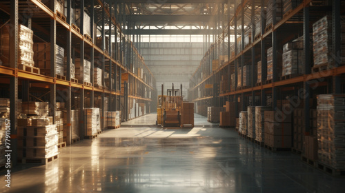 A bustling logistics warehouse with shelves and forklifts, currently quiet but ready to store and distribute a vast array of goods