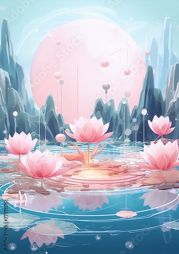 Pink lotus blossoms in a serene, watery landscape.
