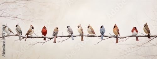 Birds perched in a row on a branch.