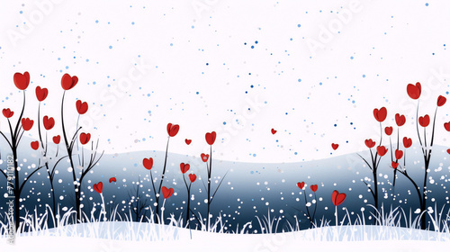 Winter landscape, red hearts on snow-covered hills.
