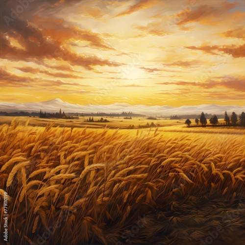 Golden wheat field at sunset, peaceful landscape.
