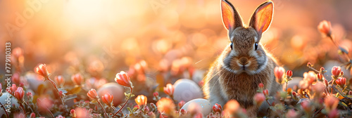 Happy Easter bunny in Easter meadow with eggs,
Cute rabbit sits in grass enjoying nature beauty
 photo