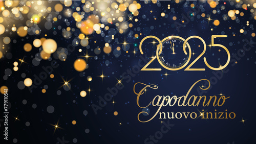 biglietto o striscione per augurare un nuovo inizio per il nuovo anno 2025 in oro su sfondo blu con cerchi color oro e glitter effetto bokeh photo