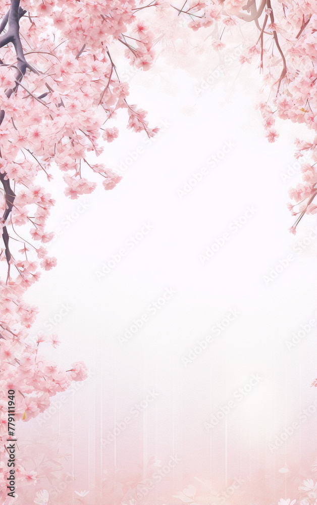 Obraz premium Romantic spring cherry blossom frame pale pink white dreamy background 