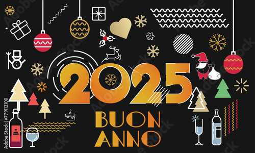 biglietto o striscione per augurare un felice anno nuovo 2025 in oro su sfondo nero con cuori di fiocchi di neve  alberi di Natale  bottiglie di alcol  palle di Natale
