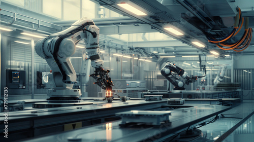 A cutting-edge robotics manufacturing facility with assembly lines and testing stations, momentarily inactive but ready to produce advanced robotic systems