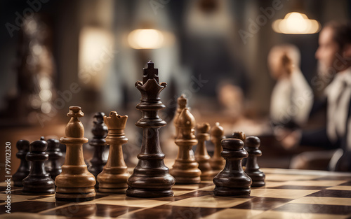 A chessboard in the foreground with the king in checkmate, symbolizing strategy and competition, with a defocused study room in the background © julien.habis