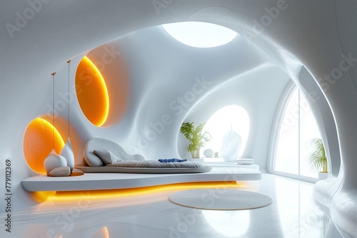 clean white themed Futuristic Living Space with Ant Colony like structure and natural light 