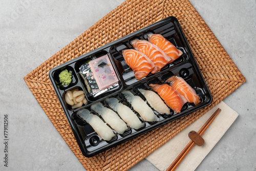 Japanese, sushi, sashimi, fish, eel, shrimp, flatfish, rockfish, salmon, sashimi rice, raw salmon, fried tofu rice, soy sauce, wasabi, egg roll, onion, flying fish egg photo