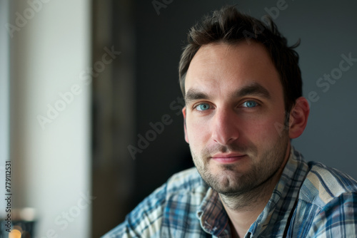 A man with a beard and blue eyes is wearing a plaid shirt