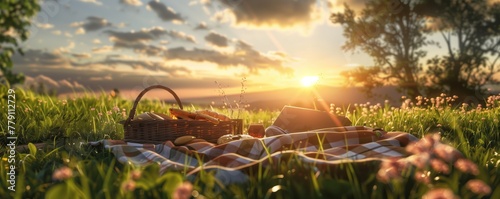 Picnic on a grassy hillside overlooking a stunning sunset, with a picnic basket filled with tasty treats and a blanket photo