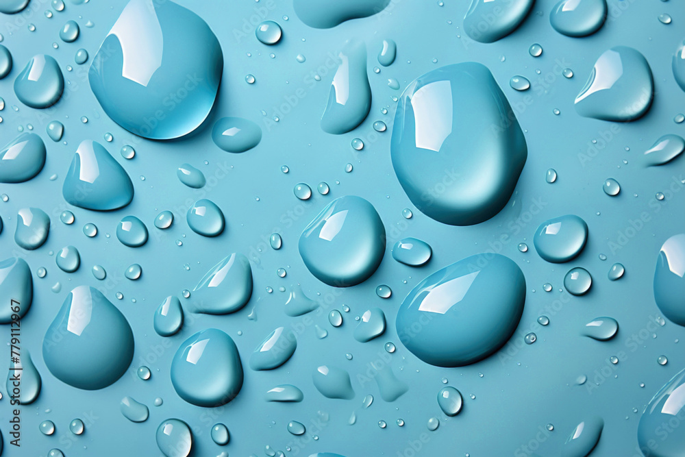 transparent water drops on light blue background