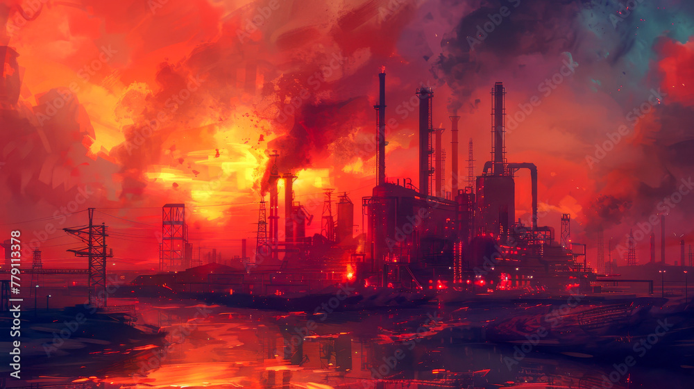 Futuristic industrial landscape with fiery sky