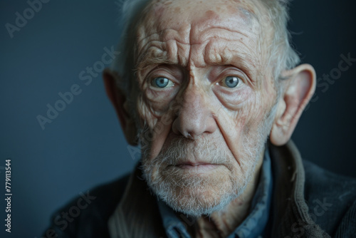An old man with a beard and blue eyes looks at the camera
