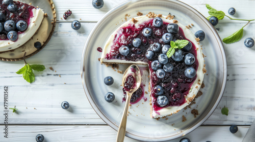 Top view of delicious sliced blueberry cheesecake in the retro style plate with golden spoon, covered with a layer of jam made of blueberries, decorated all around with entire blueberries and some lea
