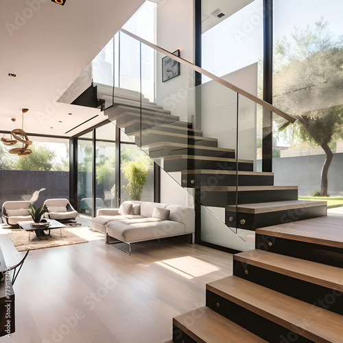 interior of modern house. living room with stairs. 3d rendering