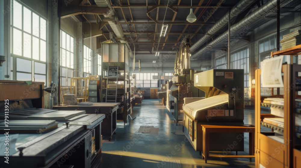 A busy printing press with printing machines and finishing equipment, temporarily at rest but ready to print books, magazines, and other printed materials