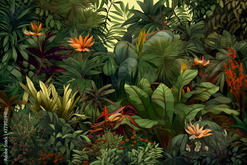Tropical jungle background with exotic plants and flowers. illustration © Wazir Design