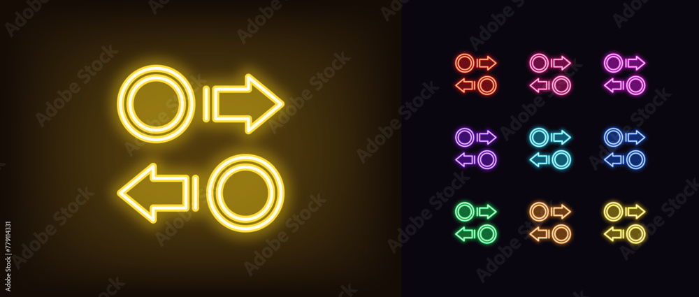 Outline neon coin convert icon set. Glowing neon token exchange sign with arrows. Crypto currency conversion, money cashback, refund, swapping token market, reinvest, virtual coin trade. Vector icons Outline neon coin convert icon set. Glowing neon token exchange sign with arrows. Crypto currency conversion, money cashback, refund, swapping token market, reinvest, virtual coin trade. Vector icons