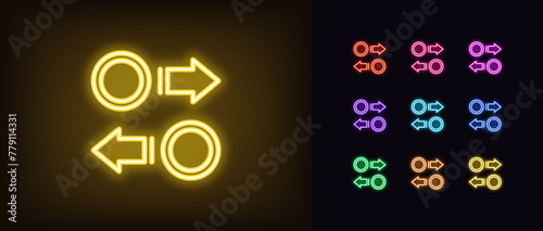 Outline neon coin convert icon set. Glowing neon token exchange sign with arrows. Crypto currency conversion, money cashback, refund, swapping token market, reinvest, virtual coin trade. Vector icons