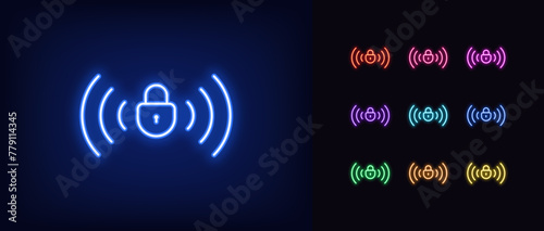 Outline neon remote lock icon set. Glowing neon wireless lock sign with radio waves. Remote protection, distance lock and unlock, remote block and unblock system, wireless security control. Vector photo
