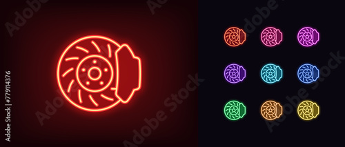 Outline neon car brakes icon set. Glowing neon disc brake with disk pad. Race brake system, car speed break, drive safety, braking disc pads repair, auto service and maintenance, car shop. Vector icon