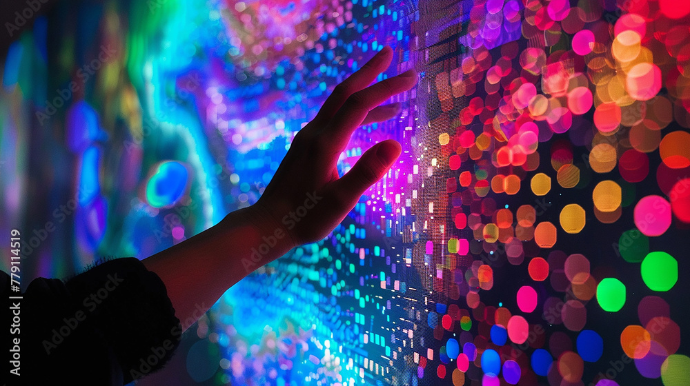 Human hand touching a colorful digital screen Human hand touching a colorful digital screen