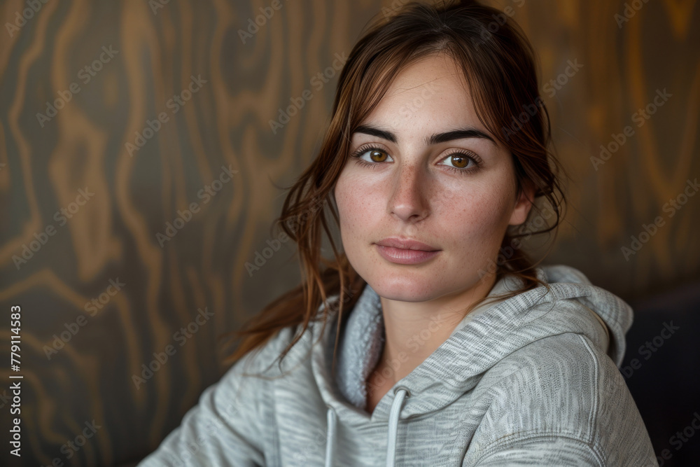 A woman wearing a grey hoodie looks at the camera