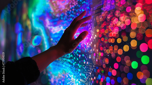 Human hand touching a colorful digital screen 