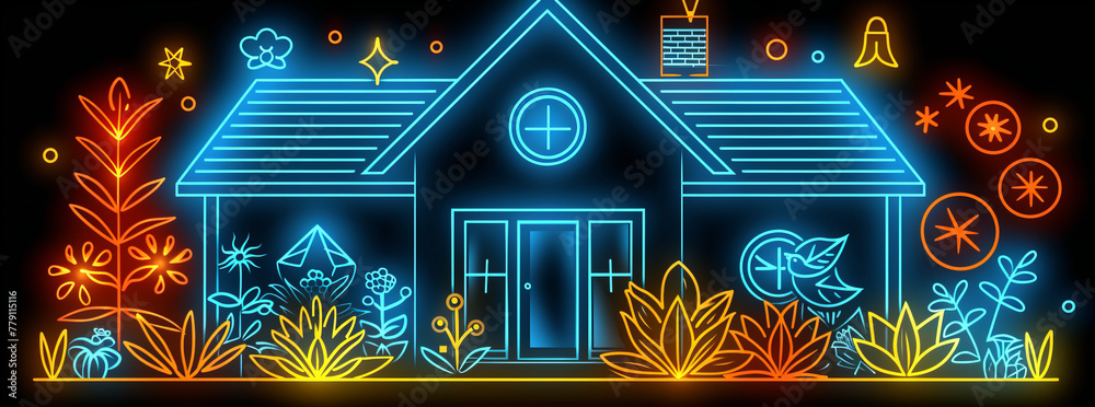Obraz premium Develop an icon using digital means to symbolise a Home and Garden in Neon Colors,generative ai