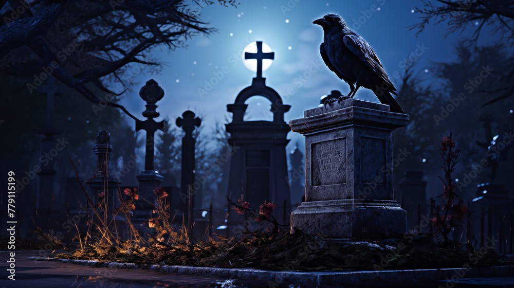 Fototapeta premium A raven perched on tombstone, reflections on death and the afterlife, cemetery at night