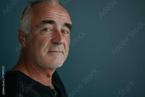 A man with gray hair is wearing a black shirt