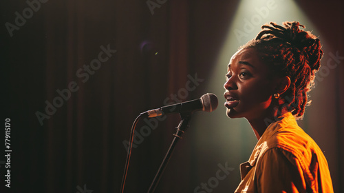 Female Performer Singing on Stage with a Microphone in Spotlights