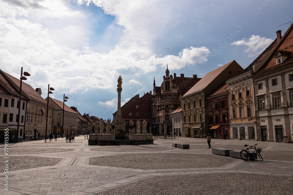 Breathtaking view of enchanting Glavni trg square located in the heart of the charming old town of Maribor, Slovenia, Europe. Scenic pedestrian area with architectural landmarks. Tourism, sightseeing