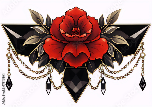Red rose, black gems, and gold chains. A decorative tattoo design.
