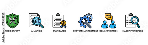 ISO 22000 banner web icon illustration concept for food safety standard with icon of analysis, standards, system management, communication, and haccp principles