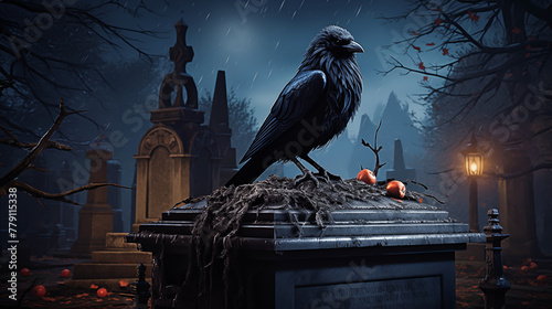 A raven perched on tombstone, reflections on death and the afterlife, cemetery at night