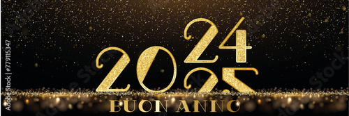 biglietto o striscione per augurare un felice anno nuovo 2025 in oro su sfondo nero con glitter color oro e cerchi effetto bokeh e il 2024 che passa al 2025