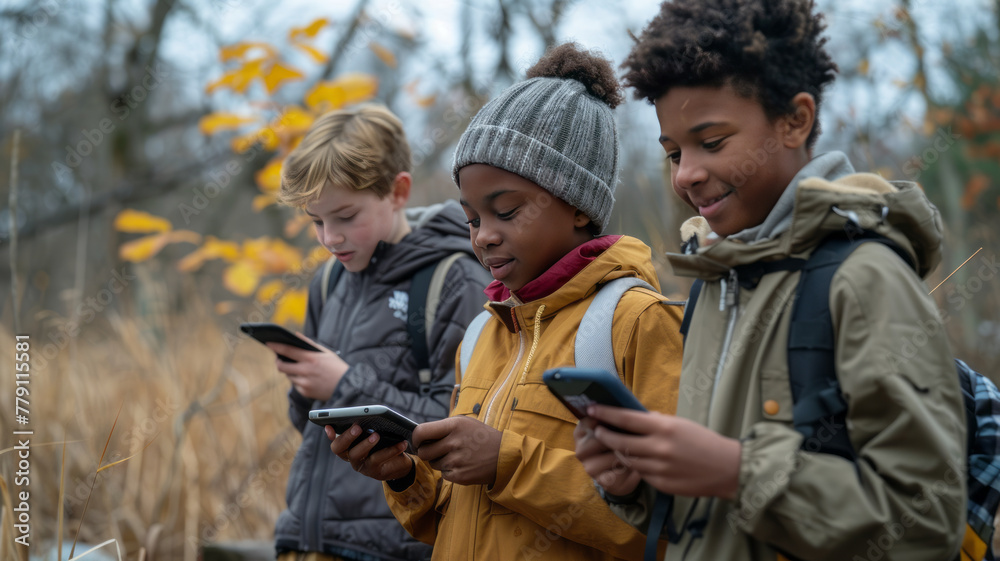 kids engaging in citizen science projects outdoors, using technology to contribute to scientific observations and data collection.generative ai kids engaging in citizen science projects outdoors, using technology to contribute to scientific observations and data collection.generative ai