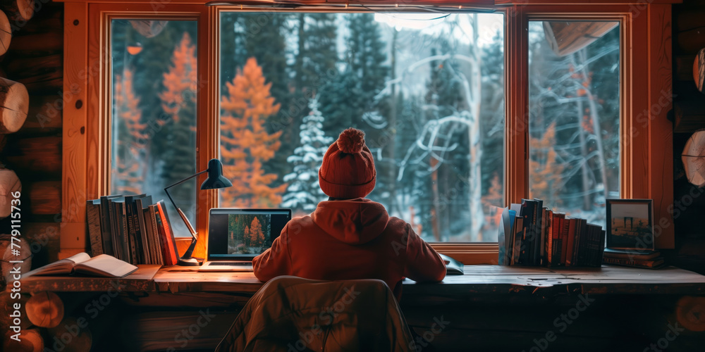 A person in a cozy mountain cabin has a video conference, with a wintery forest landscape outside the window, portraying a relaxed telecommuting environment. A person in a cozy mountain cabin has a video conference, with a wintery forest landscape outside the window, portraying a relaxed telecommuting environment.