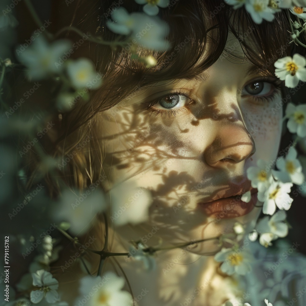 a close-up of a woman's face with floral shadows, suitable for beauty and nature themes or emotional and artistic expression.