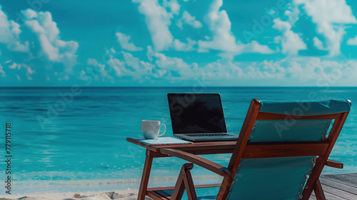 A laptop, notepad, and coffee cup sit on a beach chair with a serene ocean backdrop, epitomizing a relaxed work environment and tropical workcation destination. photo