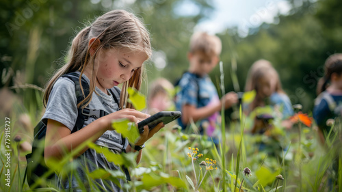 kids engaging in citizen science projects outdoors, using technology to contribute to scientific observations and data collection.generative ai