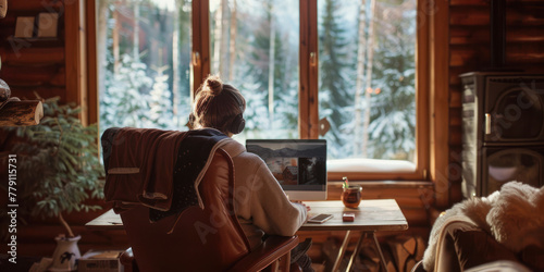 A person in headphones is having a video conference on their laptop in a cozy mountain cabin with a snowy view, perfect for depicting remote work life and winter workcation. photo