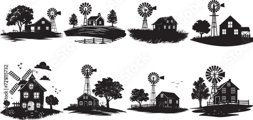 Idyllic farm scene with windmill silhouette, clouds, and houses, evoking a tranquil rural life