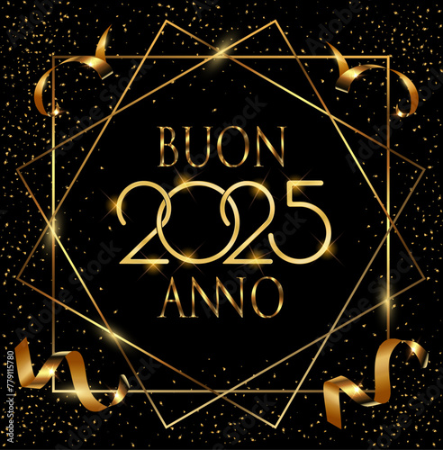 biglietto o striscione per augurare un felice anno nuovo 2025 in oro in un quadrato e due diamanti color oro su sfondo nero con paillettes e stelle filanti color oro