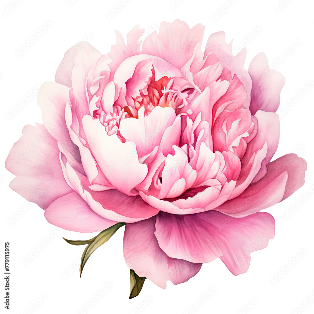 AI-generated watercolor cute pink peony flower with leaves clip art illustration. Isolated elements on a white background.