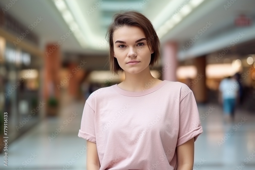 A woman wearing a pink shirt stands in a mall A woman wearing a pink shirt stands in a mall