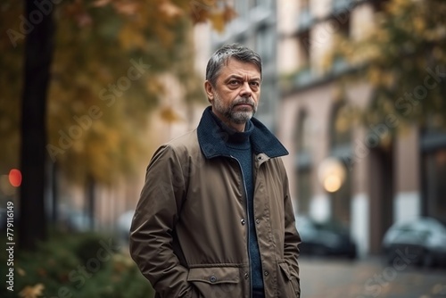 A man in a brown coat stands in front of a building