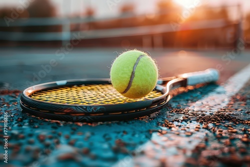 A tennis ball rests on a racket against the backdrop of a setting sun, highlighting the end of a day's match. © mshynkarchuk